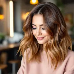 Une femme souriante avec une belle coloration sans effet racine, ses cheveux châtain clair se fondent harmonieusement en reflets miel.