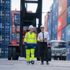 Dwóch mężczyzn w kaskach na tle kontenerów. Jeden w odblaskowym stroju roboczym, drugi z tabletem. Spedycja transport krajowy w akcji.