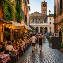 Wieczorny spacer po urokliwym **Trastevere**. Ludzie siedzą przy stolikach restauracji, delektując się kolacją. W tle widać zabytkową bazylikę.