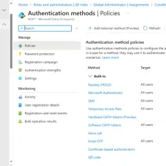 Interface Microsoft Entra ID pour configurer les méthodes d'authentification, y compris le MFA.