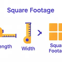 Illustration showing how to measure for tile: tape measure for length, ruler for width, leading to square footage represented by four orange squares.