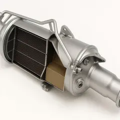 Przekrój filtra cząstek stałych (DPF). Pokazuje, jak działa dpf, zatrzymując sadzę w kanalikach.