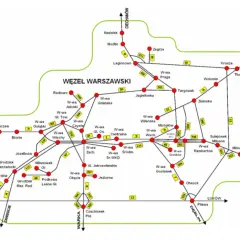Schemat linii kolejowych Warszawa: węzeł z zaznaczonymi stacjami i trasami, pokazujący połączenia z okolicznymi miejscowościami.