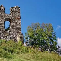 Ruiny zamku Rabsztyn na tle błękitnego nieba i zielonego drzewa.