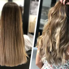 Cabello castaño liso transformado con mechas babylight rubias y ondas playeras, un cambio radiante.