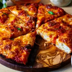 Pyszna pizza rzymska z chrupiącym ciastem, ciągnącym serem i aromatycznym sosem pomidorowym, podana na drewnianej desce.