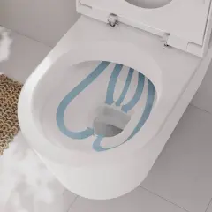Biała miska WC z widocznym schematem przepływu wody w kolorze niebieskim.