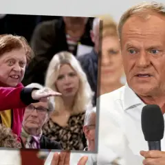 Kobieta w czerwonej bluzce gestykuluje, przemawiając do tłumu. Obok Donald Tusk w białej koszuli z sercem, gotów do odpowiedzi.