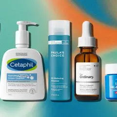 Routine de soins pour homme : hydratant matifiant, nettoyant, sérum et crème pour lutter contre l'excès de sébum.