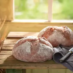 Dos panes rústicos, un cuchillo y espigas de trigo, evocando cómo se hace el pan artesanalmente.