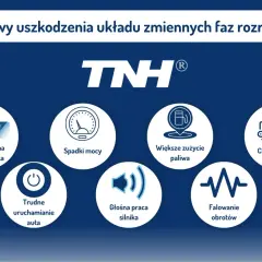 Objawy uszkodzenia zmiennych faz rozrządu: nierówna praca, spadki mocy, większe zużycie paliwa, Check Engine, trudne uruchamianie, głośna praca, falowanie obrotów.