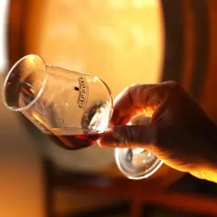 Dégustation d'un whisky ambré dans un verre tulipe, en arrière-plan des fûts de vieillissement. Un moment de plaisir qui pourrait bien lui valoir des **world whisky awards**.