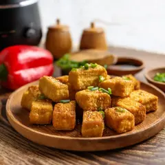 Chrupiące tofu z airfryera, posypane sezamem i szczypiorkiem, obok papryk i sosu.