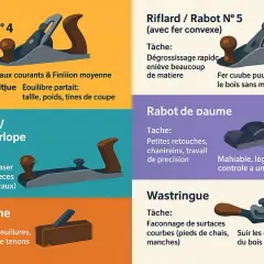 Illustration des différents types de rabots : Rabot N°4, Varlope, Guillaume, Riflard, Rabot de paume, Wastringue.