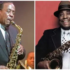 Due sassofonisti jazz, uno con gli occhi chiusi mentre suona, l'altro sorridente con un cappello.