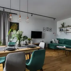 Nowoczesny salon z jadalnią. Oliwkowy kolor ścian subtelnie podkreśla zieleń mebli i roślin.
