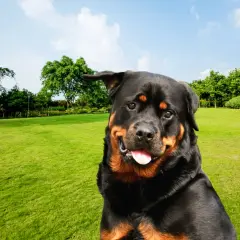 Un magnifique chien rottweiler, le regard plein de malice, profite d'une belle journée dans un parc verdoyant.