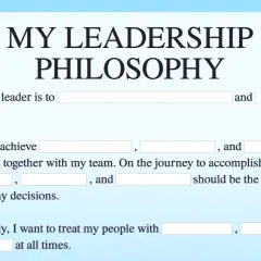 Worksheet titled "My Leadership Philosophy" with fill-in-the-blanks for defining leadership beliefs, goals, and principles.