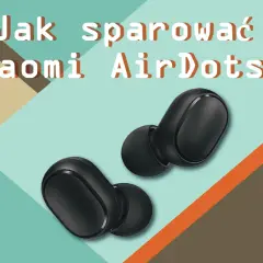 Dwa czarne słuchawki Xiaomi AirDots na geometrycznym tle.