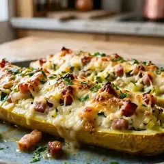 Courgettes farcies au fromage et lardons, une recette avec ricotta courgette qui fond en bouche.