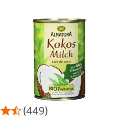 Alnatura Kokosmilch: Ja, ist kokosmilch vegan. Die Dose zeigt eine Kokosnuss und Blätter.