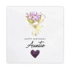 Bukiet fioletowych tulipanów i serce z włóczki na kartce z napisem "Happy Birthday Auntie". Idealne życzenia urodzinowe dla cioci.