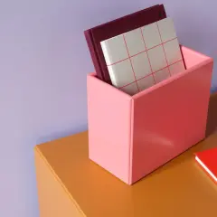 Ein rosa Behälter mit Büchern steht auf einem orangefarbenen Regal vor einer lila Wand. Welche Farbe passt zu lila? Hier sehen wir Rosa und Orange als passende Akzente.