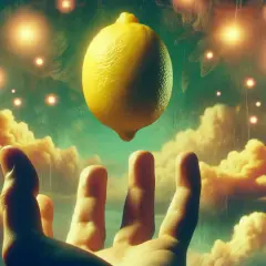 Una mano se extiende hacia un limón flotante en un cielo onírico con nubes doradas y luces brillantes. Es como soñar con limones.