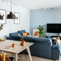 Przytulny, minimalistyczny salon w bloku. Niebieska kanapa, drewniany stół i kot na fotelu tworzą ciepłą atmosferę.