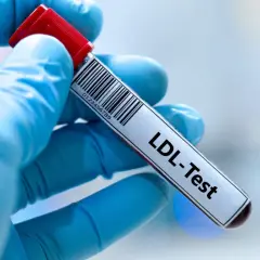 Ręka w niebieskiej rękawiczce trzyma probówkę z oznaczeniem "LDL-Test". Wynik badania wskazuje na podwyższony cholesterol LDL.