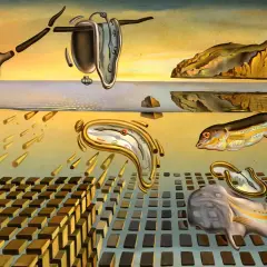 Melting clocks, a fish, and barren trees evoke the surreal Dali meaning of time's fluidity and decay in a dreamlike landscape.