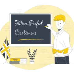 Un insegnante scrive "Future Perfect Continuous" alla lavagna, pronto a spiegare questo tempo verbale.