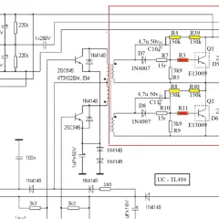 Schemat zasilacza LED z układem UC-TL494, tranzystorami E13009 i elementami sterującymi.