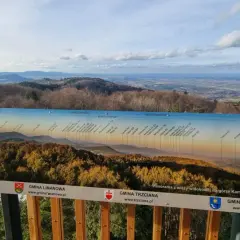 Widok z kamionnej wieży widokowej na Beskidy. Na pierwszym planie tablica z opisem panoramy górskiej.