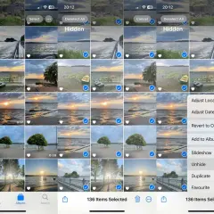 Jak wydrukowac zdjecia z iPhone? Widok albumu ze zdjęciami krajobrazowymi, z zaznaczonymi elementami i menu opcji.