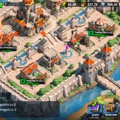 Wirtualne królestwo w grze League of Kingdoms. Widok z lotu ptaka na miasto z murami, budynkami i rzeką.