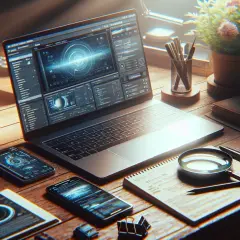 Na biurku leży otwarty laptop z zaawansowanym interfejsem, obok kubek kawy, telefony i lupa. To idealne miejsce, by dowiedzieć się, jak uruchomić laptopa.