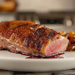 Un magret de canard rosé, peau croustillante, servi avec une garniture caramélisée sur une assiette blanche.
