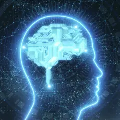 Silhouette bleue d'une tête avec un cerveau en circuit imprimé, symbolisant l'entrainement mémoire et la connexion neuronale.