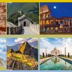 Le immagini mostrano quali sono le sette meraviglie del mondo: Petra, Grande Muraglia, Colosseo, Cristo Redentore, Chichen Itza, Machu Picchu, Taj Mahal.