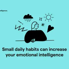 Illustration of a person with a calm expression, surrounded by symbols of challenges (rain cloud, lightning) and positivity (sun, heart). This visual represents how positive psychology techniques can build emotional intelligence.