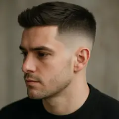 Un homme arbore une coupe pompadour homme moderne avec un dégradé net sur les côtés.