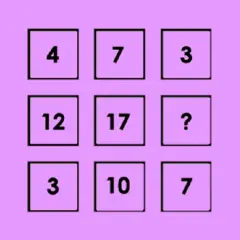 Siatka z liczbami: 4, 7, 3; 12, 17, ?; 3, 10, 7. Szukamy brakującej liczby, która może być związana z liczbami pierwszymi.