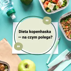 Dieta kopenhaska – na czym polega? Pudełka z jedzeniem, jabłko i butelka wody sugerują zdrowy styl życia.
