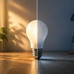 Bombilla dividida: luz cálida del sol y luz fría de lámpara. La bombilla muestra la transición de lux a lumenes, con plantas y sombras.