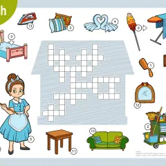 Ilustracja przedstawia różne meble po angielsku, takie jak łóżko, sofa, stół, a także akcesoria do sprzątania i inne przedmioty domowe.