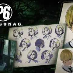 Logo Persona 6 i szkice postaci, w tym zbliżenie na twarz z blond włosami i kilka wariantów fryzur.