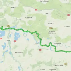 Mapa z zaznaczoną zieloną linią przedstawiającą wiślaną trasę rowerową GPX, prowadzącą od Oświęcimia do Krakowa.