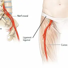 Anatomie du nerf crural, montrant le plexus lombaire et son trajet vers la cuisse. Utile pour le signe cruralgie test.