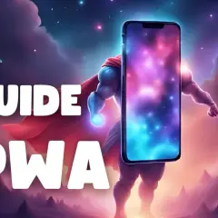 Guide PWA Android : un super-héros cosmique tient un smartphone, prêt à conquérir le monde du web mobile.